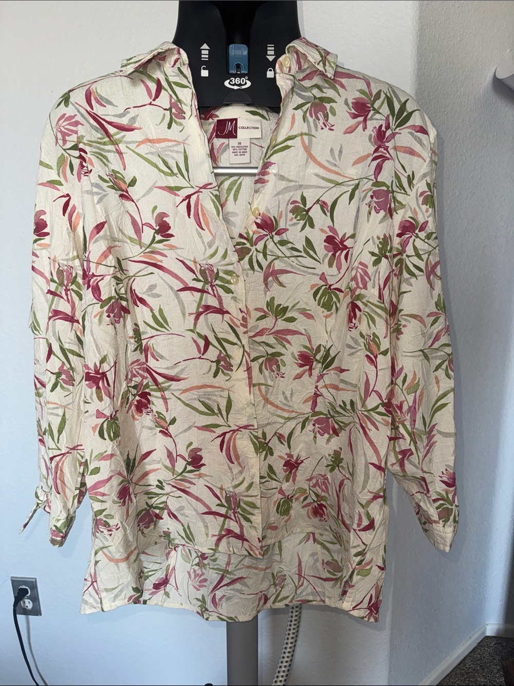 JM Collection Cream Blouse with Pink Floral and Green Leaves